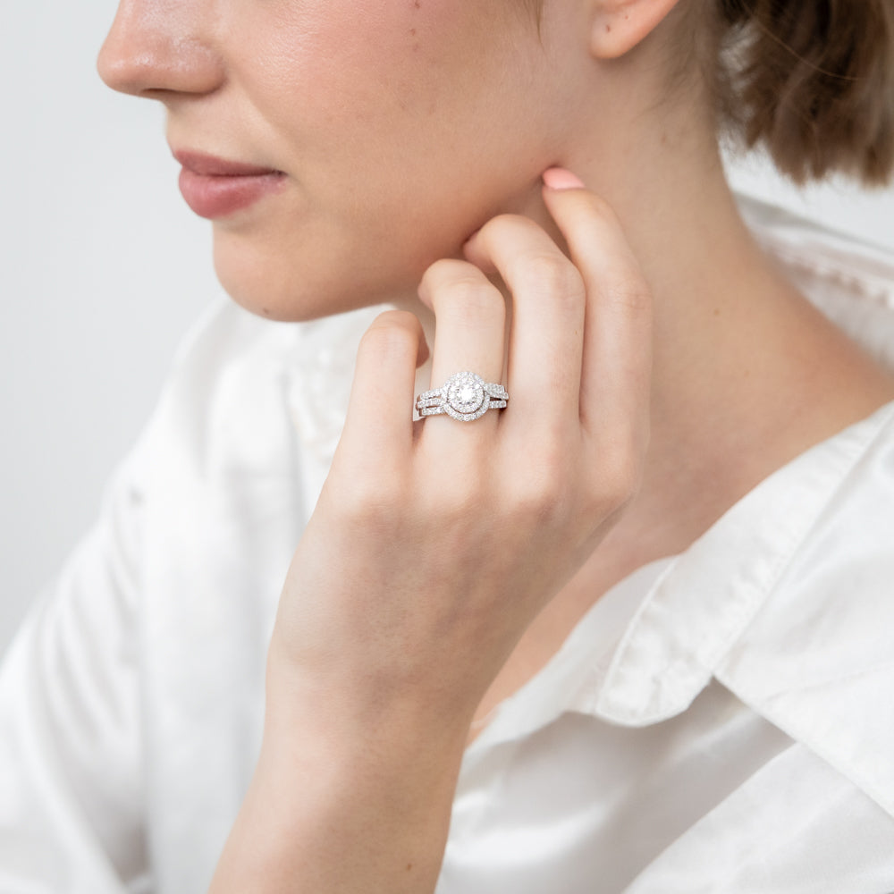 14ct White Gold Ring with 1 Carat Brilliant Cut Diamond and Double Diamond Halo