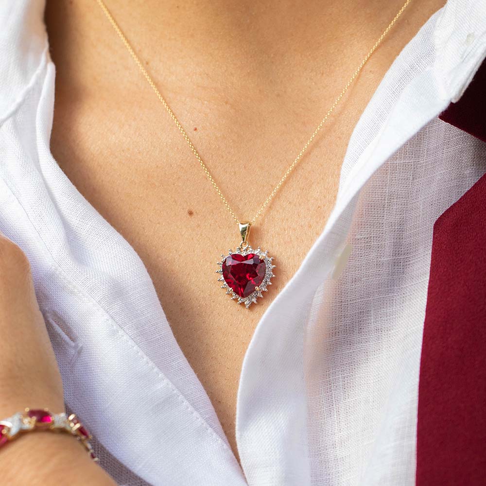 Exquisite 9ct Yellow Gold Crafted Ruby and Diamond Heart-Shaped Pendant for Jewelry Lovers