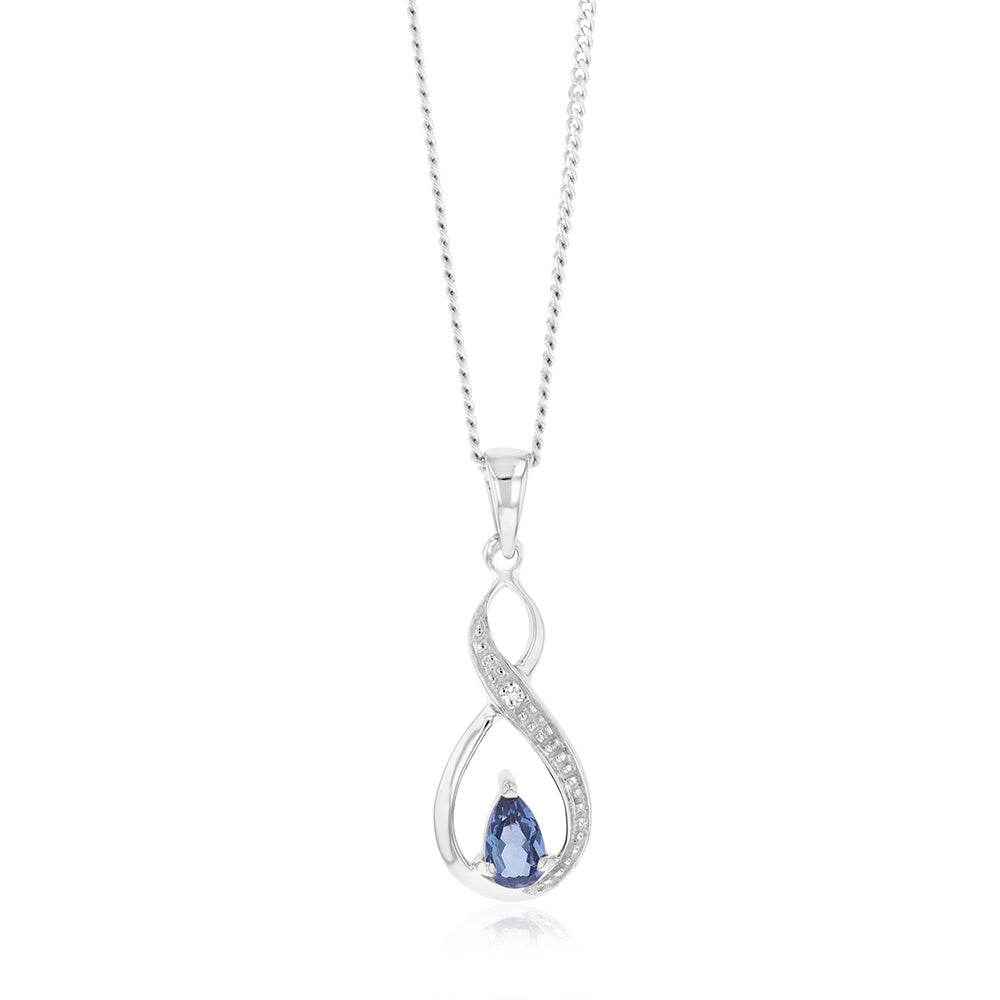 Exquisite 9ct White Gold Created Pear Cut Tanzanite and Diamond Infinity Pendant Jewelry Piece
