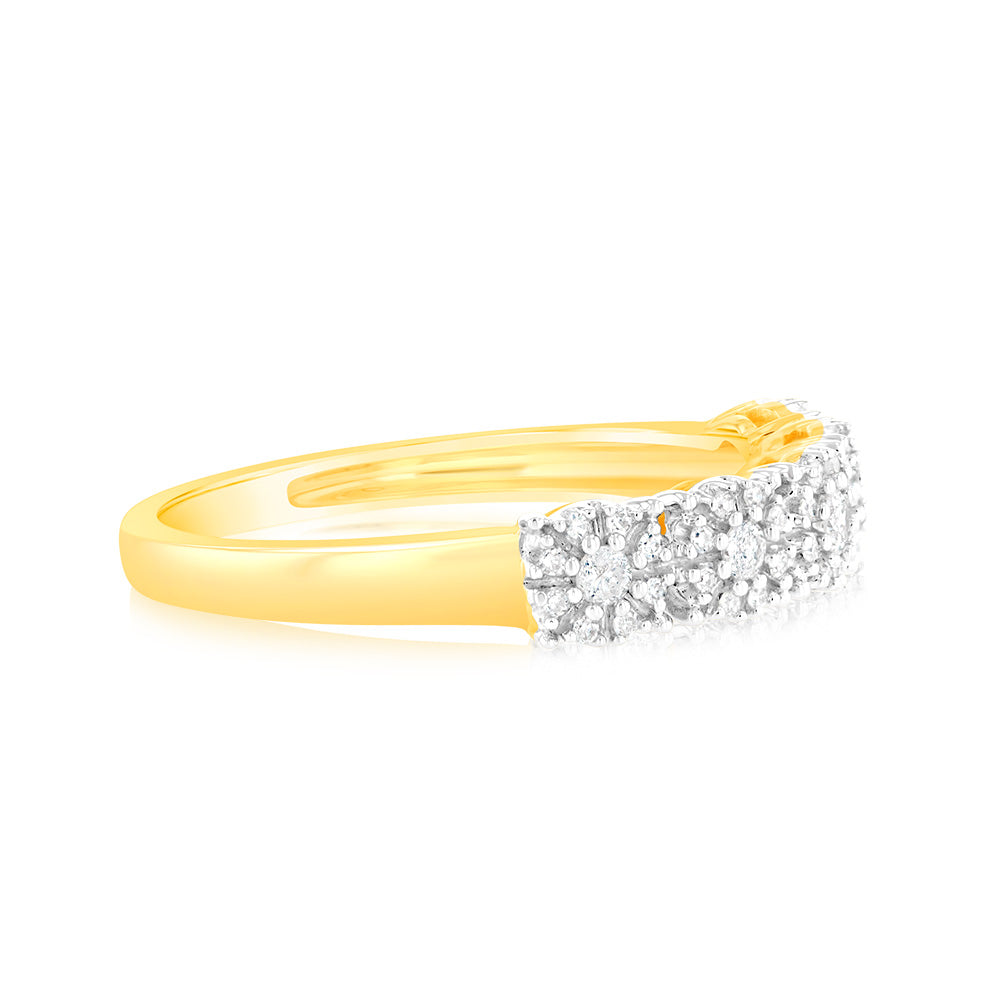 Stunning 9 Carat Yellow Gold Ladies' Diamond Ring Featuring 45 Brilliant Cut Diamonds Totaling 1/6 Carat