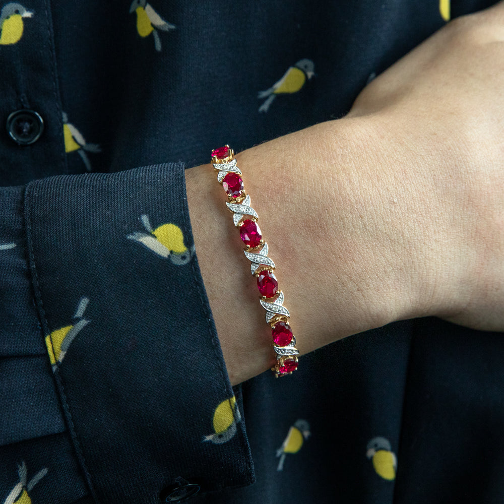19cm Handmade 9ct Yellow Gold Bracelet Featuring Created Rubies and Diamonds with Hugs & Kisses Design