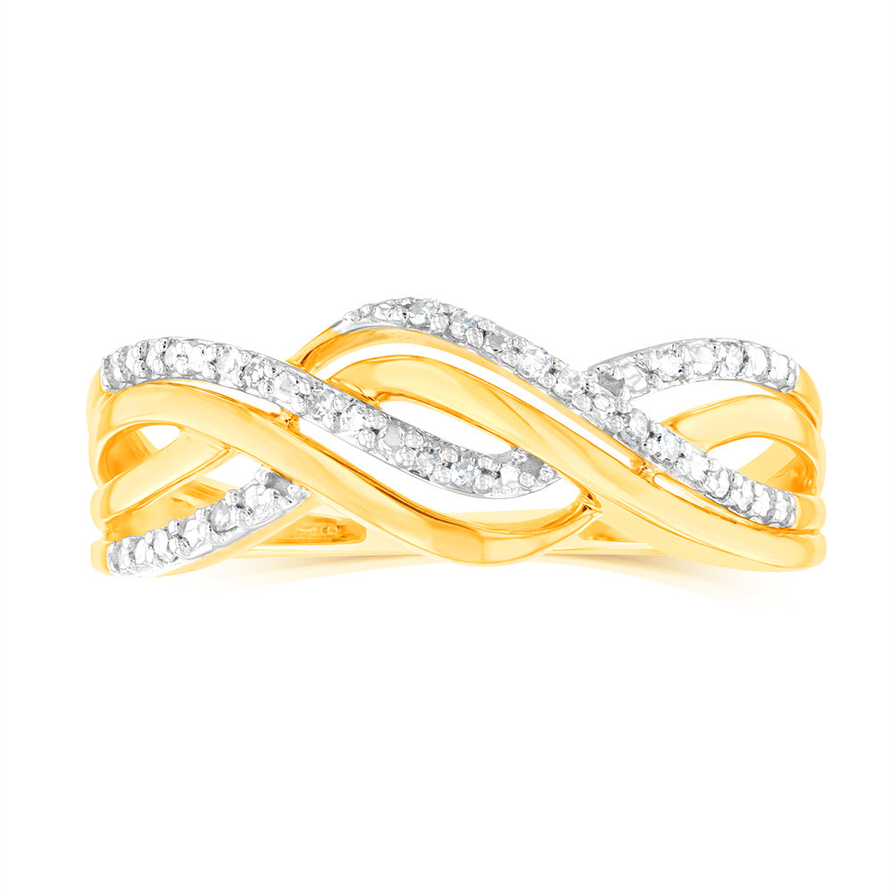 Stunning 9ct Yellow Gold Fancy Wrap-Around Engagement Ring Embellished with 20 Natural Diamonds