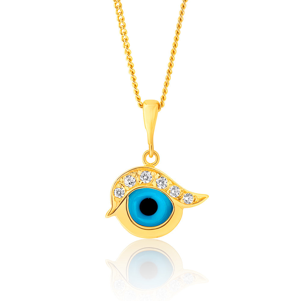 9ct Yellow Gold Pendant with Evil Eye Design, Cubic Zirconias and Blue Enamel