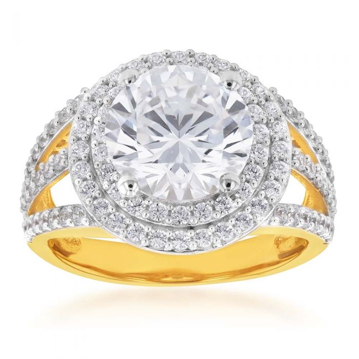 9ct Yellow Gold Round Double Halo Zirconia Split Band Engagement Ring for Women