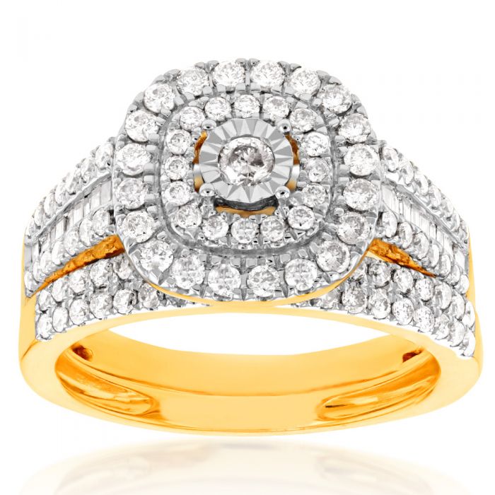 9 Carat Yellow Gold 1 Carat Diamond Cushion Shape Cluster Style Bridal Two - Ring Jewelry Set