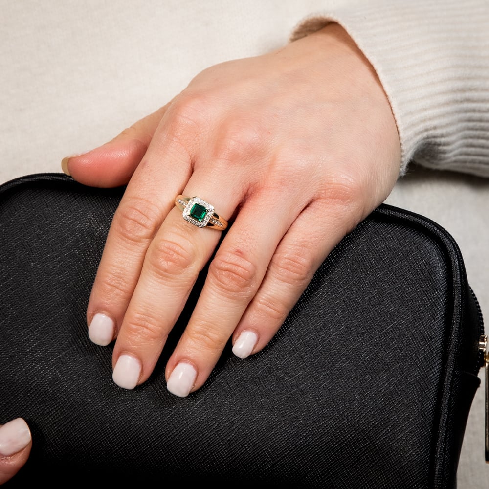 Exquisite 9ct Yellow Gold Ring Featuring Lab - Created Emeralds and Natural Diamonds