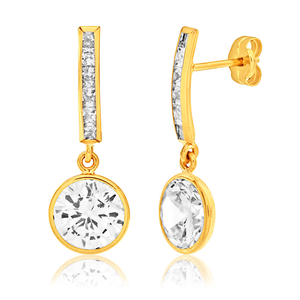 Stylish 9ct Yellow Gold Round Cubic Zirconia Dangle Earrings
