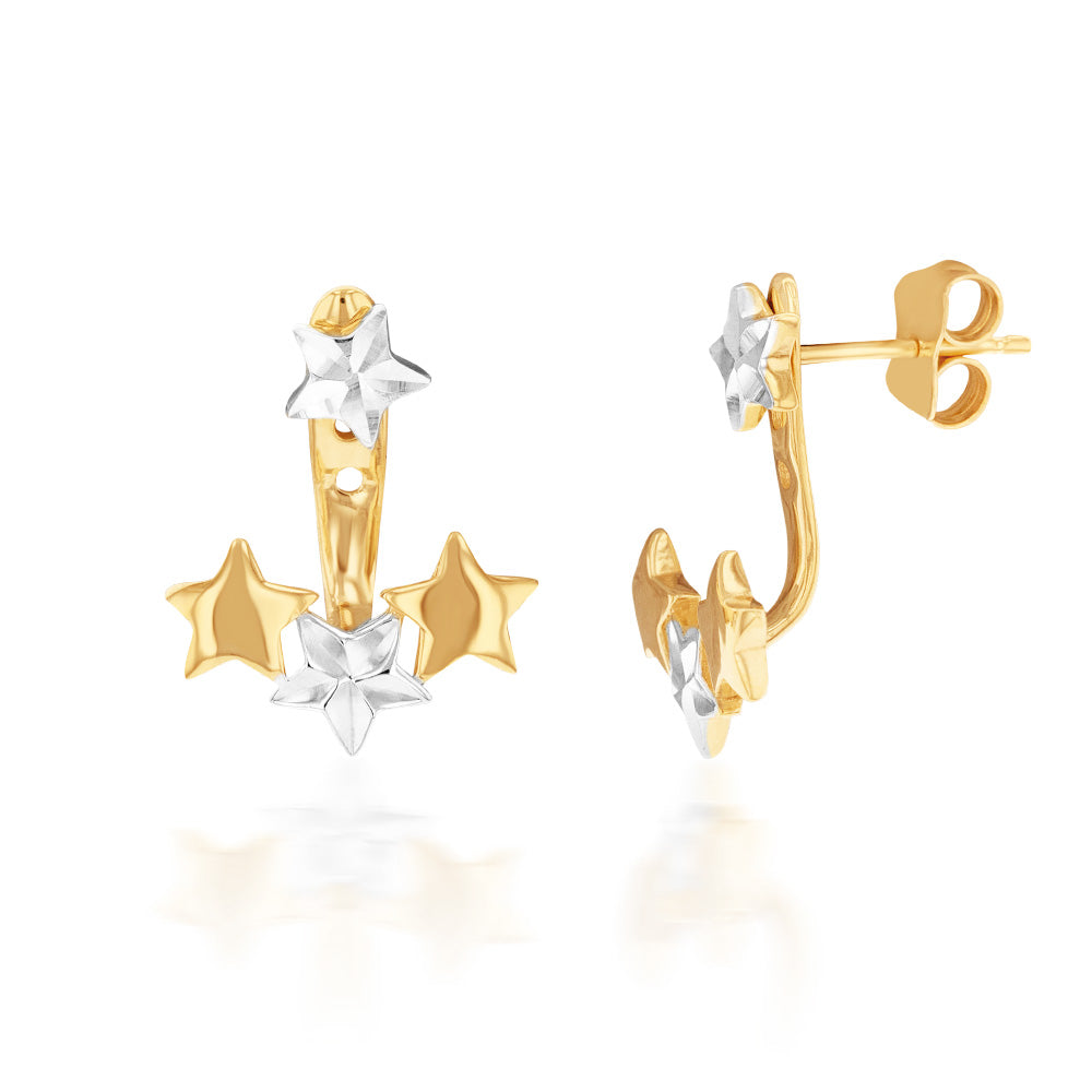 Stylish 9ct Two - Tone Yellow And White Gold Stars Earjacket Earrings for Fashionable Women