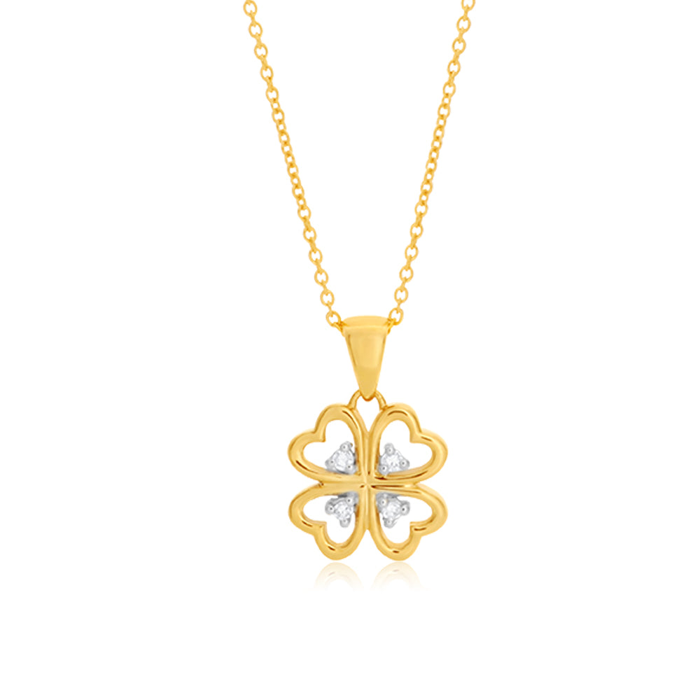 Exquisite 9ct Yellow Gold 4 Leaf Clover Diamond Pendant with 45cm Chain
