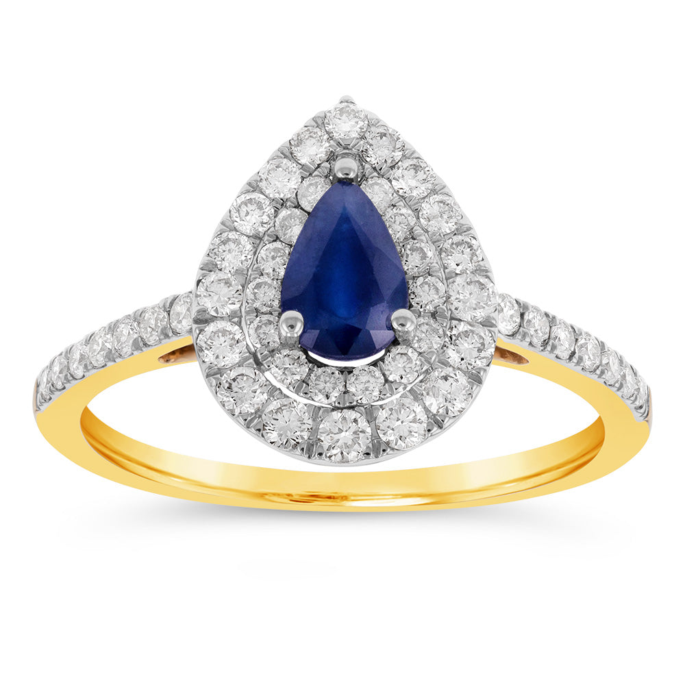 Exquisite 9ct Yellow Gold Double Halo Pear Ring Featuring 0.59ct Natural Black Sapphire and 0.5ct Diamonds