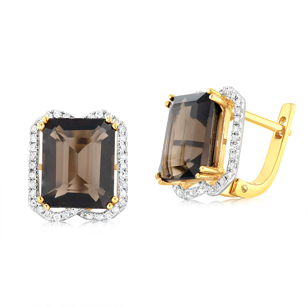 Stylish 9ct Yellow Gold Earrings with Natural Smokey Quartz and Diamonds
