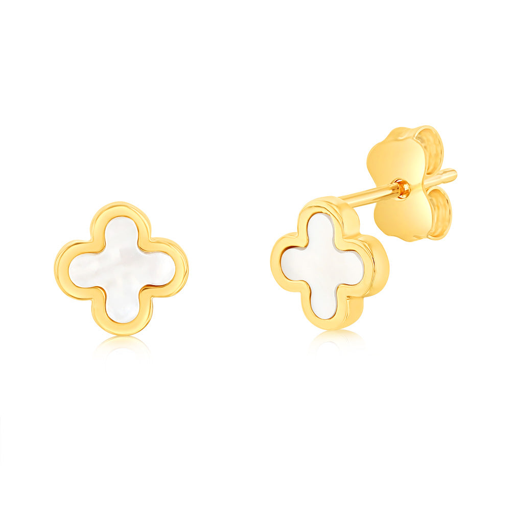 Exquisite 9 Carat Yellow Gold Stud Earrings with Mother of Pearl Inlays