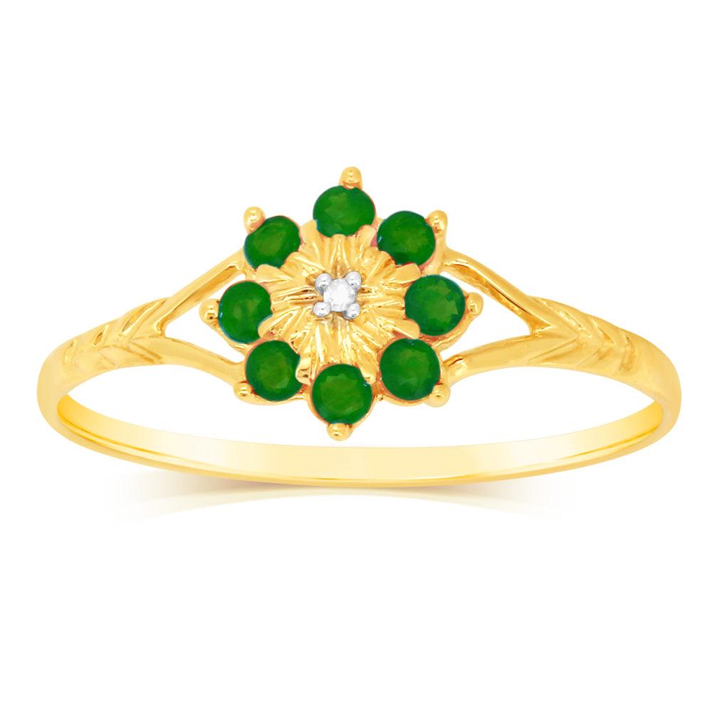 Stunning 9ct Yellow Gold Ring with 0.45 Carat Natural Emerald and Diamonds