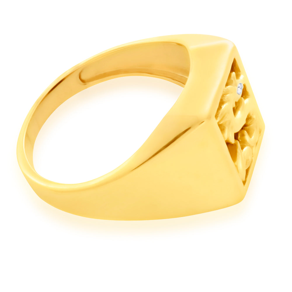 Exquisite 9ct Yellow Gold Onyx and Diamond Dragon-themed Ring for Gentlemen