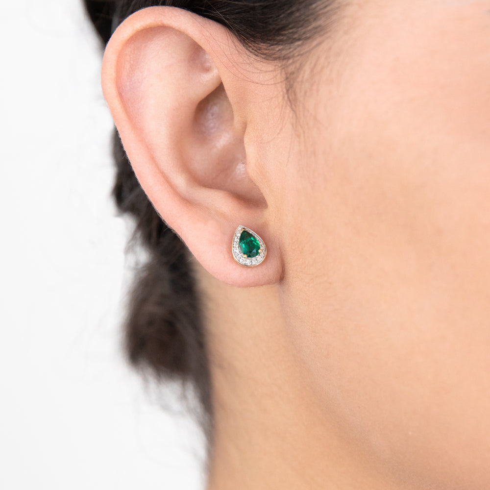 9ct Yellow Gold 6x4mm Lab-Created Emerald and Diamond Pear Halo Stud Earrings for Daily Wear