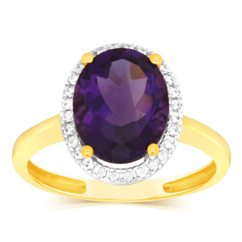 Stunning 9ct Yellow Gold Ring Featuring 2.5 Carat Amethyst and 28 Cubic Zirconia Stones