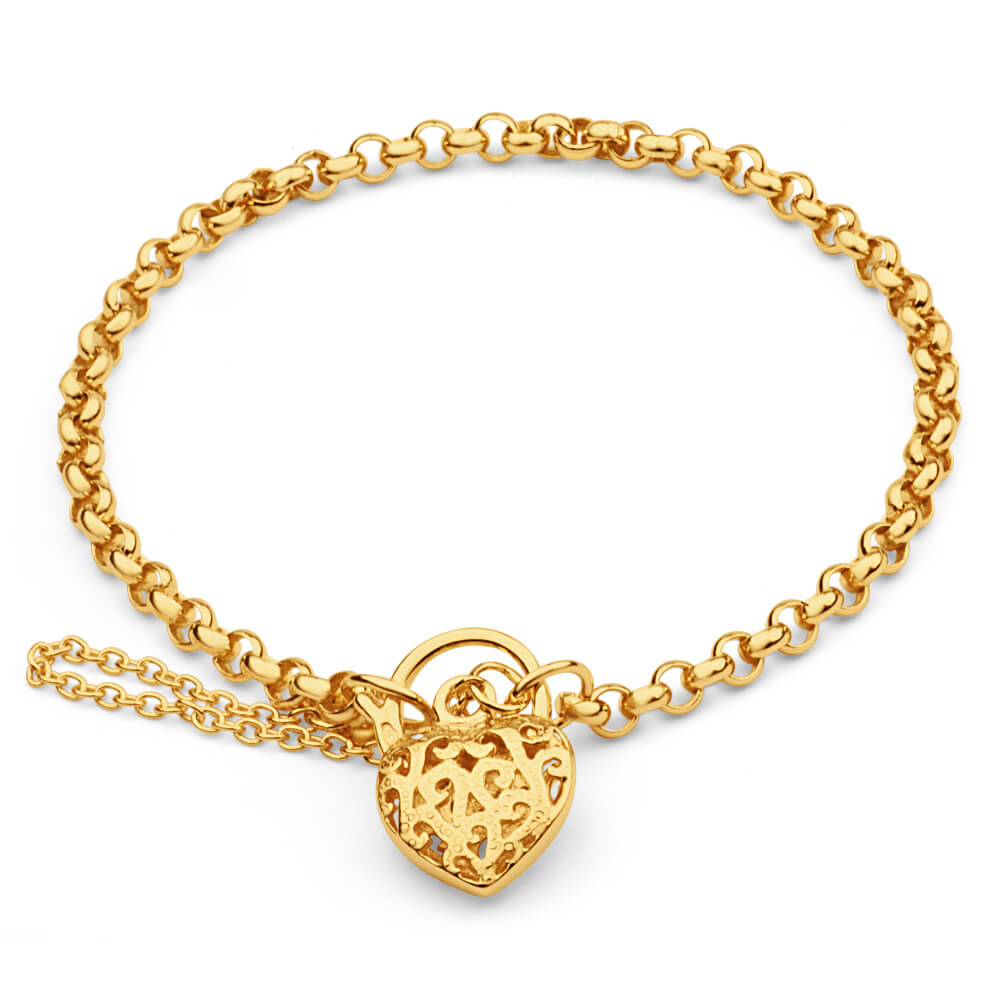 9ct Yellow Gold Copper Filled Heart - Shaped Padlock Belcher Bracelet for Romantic Gifts