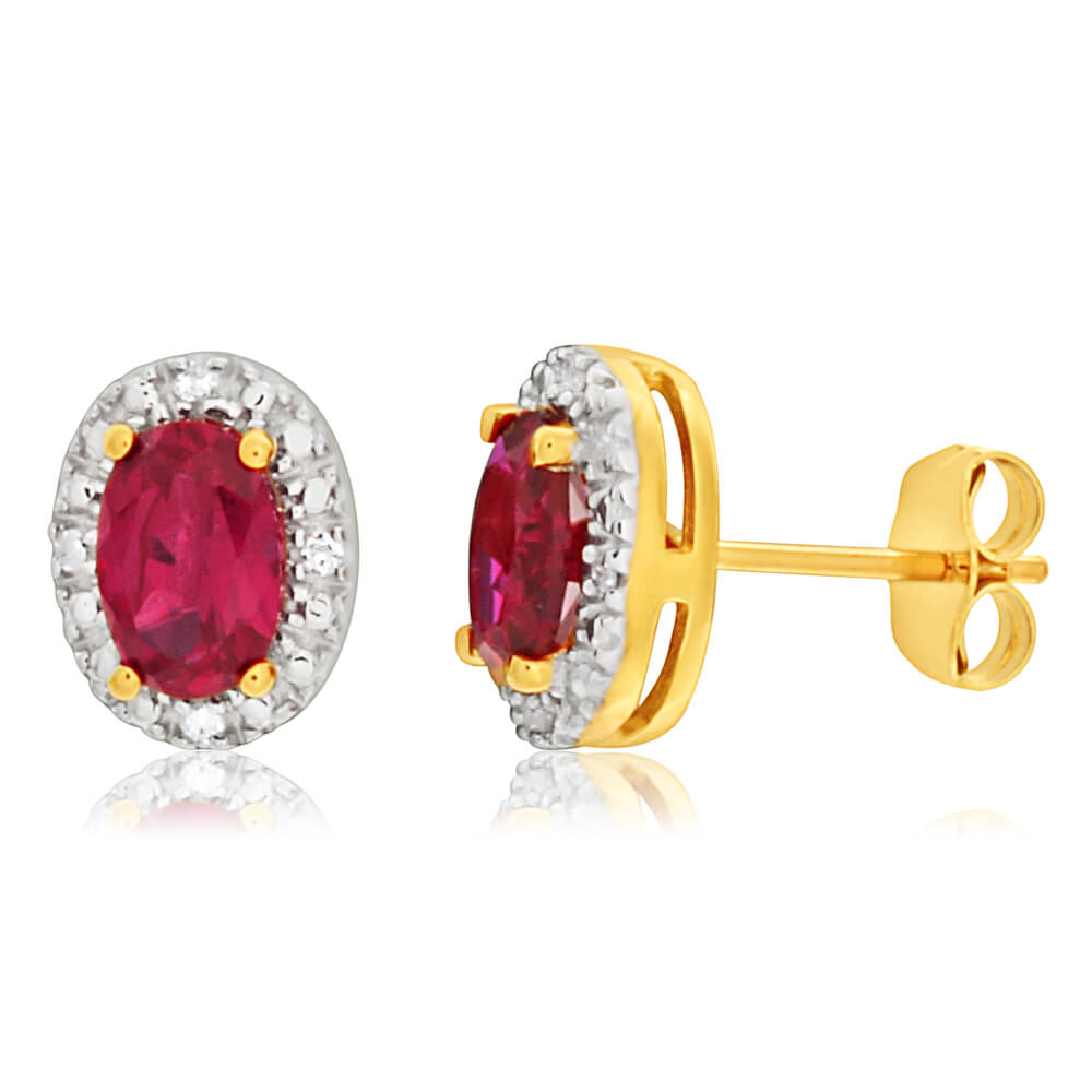 9 Carat Yellow Gold Crafted Ruby and Diamond Stud Earrings - Ideal Jewelry for Special Occasions