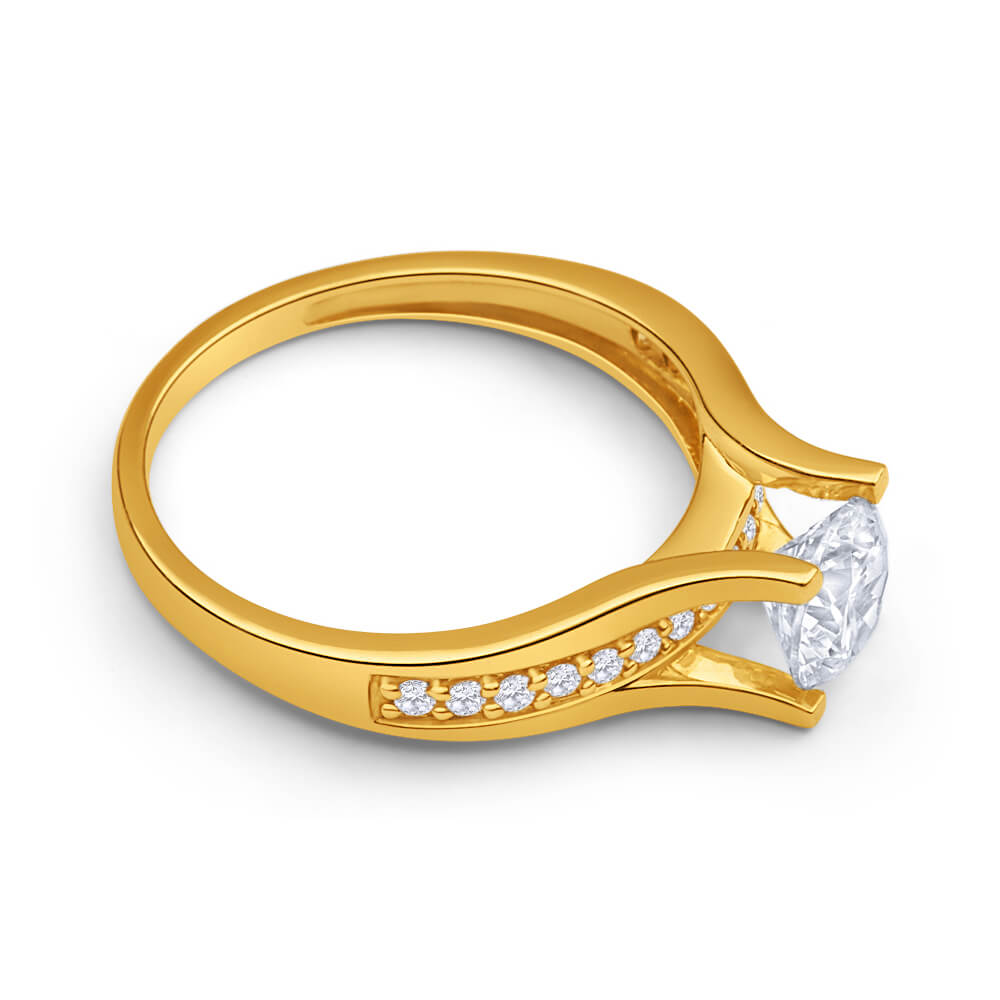 9 Carat Yellow Gold Round Cubic Zirconia Ring with 4 Claw and Channel Setting - A Stunning Jewelry Piece