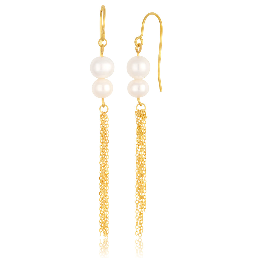 Stunning 9ct Yellow Gold Freshwater Double Pearl Tassle Drop Earrings for Elegant Jewelry Lovers