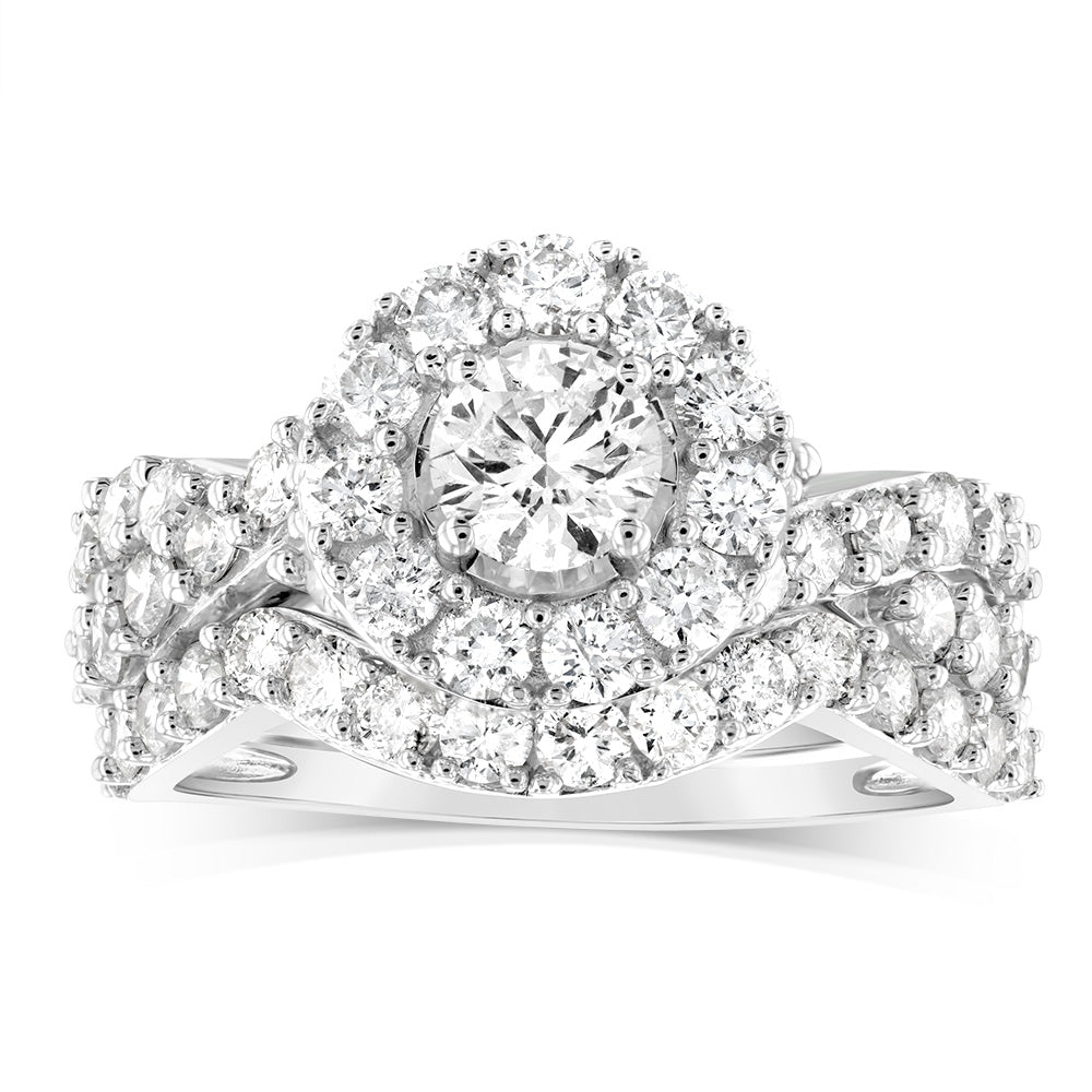 14ct White Gold 1.95-Carat Brilliant Cut Diamond Halo Bridal Two-Ring Set