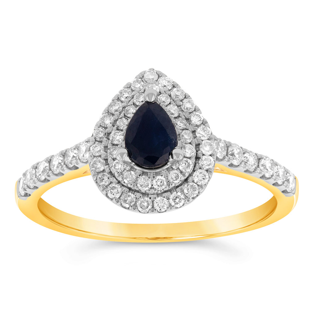 9ct Yellow Gold Pear Ring with 0.30ct Natural Black Sapphire and 1/3ct Diamond Double Halo