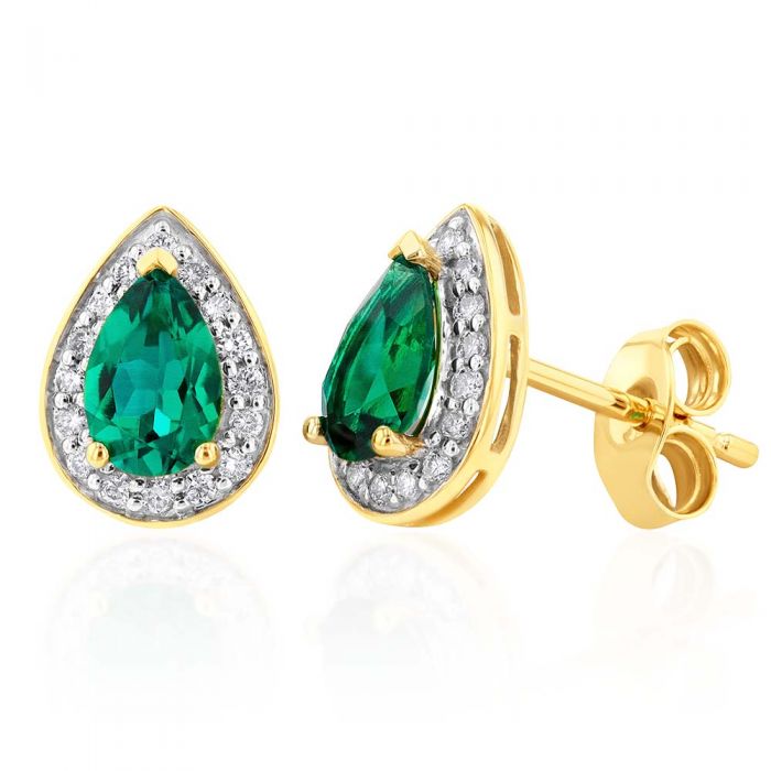 9ct Yellow Gold 6x4mm Lab-Created Emerald and Diamond Pear Halo Stud Earrings for Daily Wear