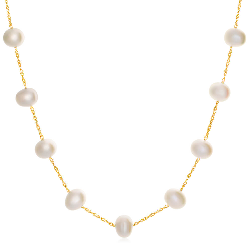 14ct Yellow Gold Necklace with 6mm White Freshwater Pearls, 45cm Long