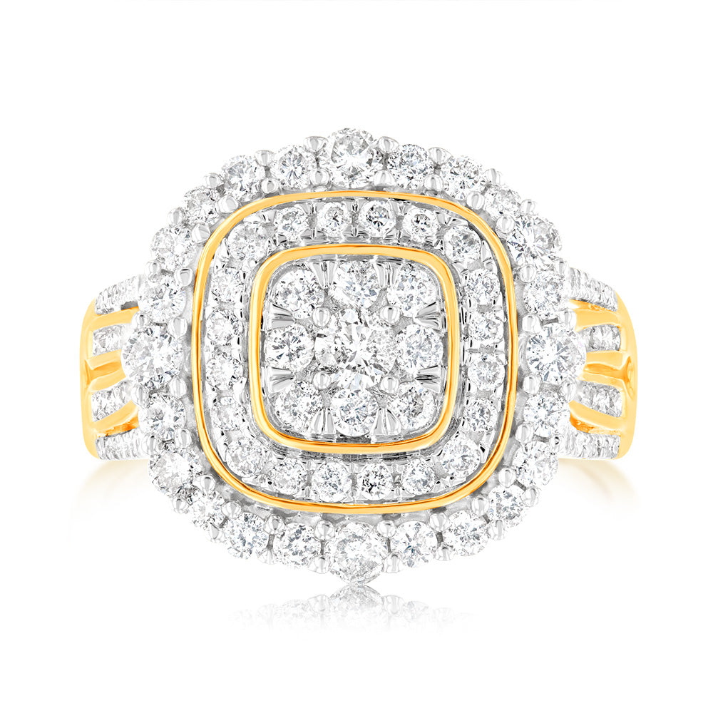 9ct Yellow Gold Ring Set with 1 Carat of 107 Round Brilliant and Baguette Diamonds