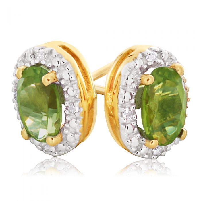 Stunning 9ct Yellow and White Gold Stud Earrings with Diamonds and Peridot