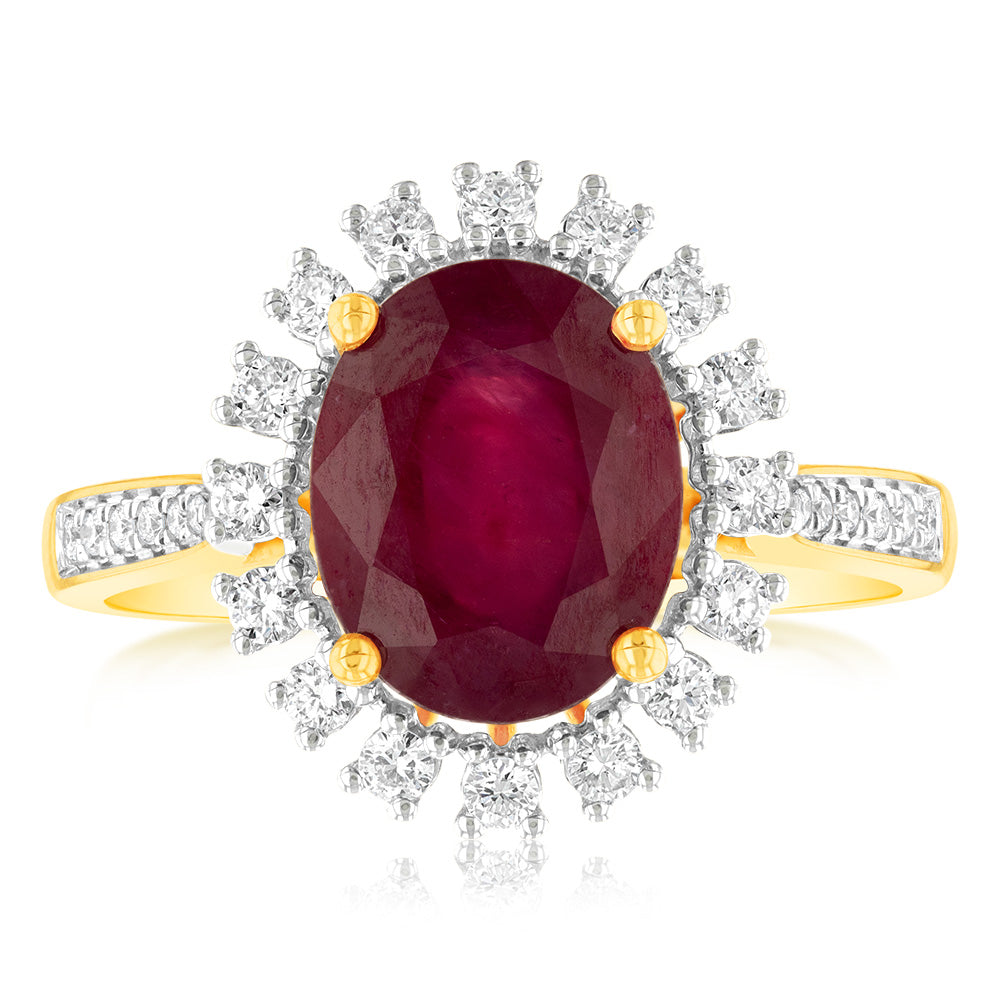 9ct Yellow Gold Ring Featuring 3 Carat Enhanced Natural Ruby and 1/3 Carat Diamonds