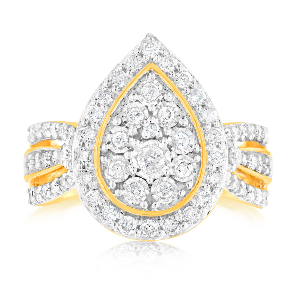 Exquisite 1 Carat Diamond Cluster Engagement Ring Featuring 69 Round Brilliant Cut Diamonds Set in 9ct Yellow Gold