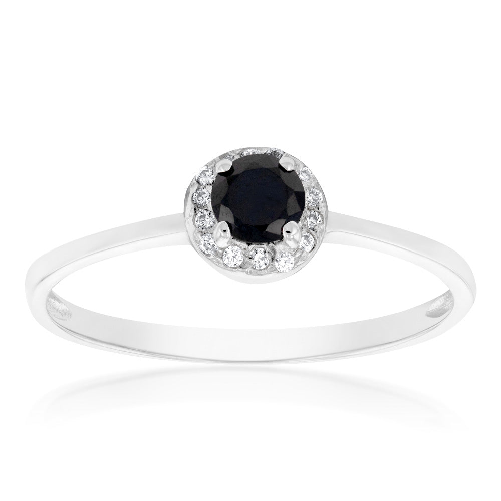 Stunning 9 Carat White Gold Halo Ring Featuring Black Zirconia Stones