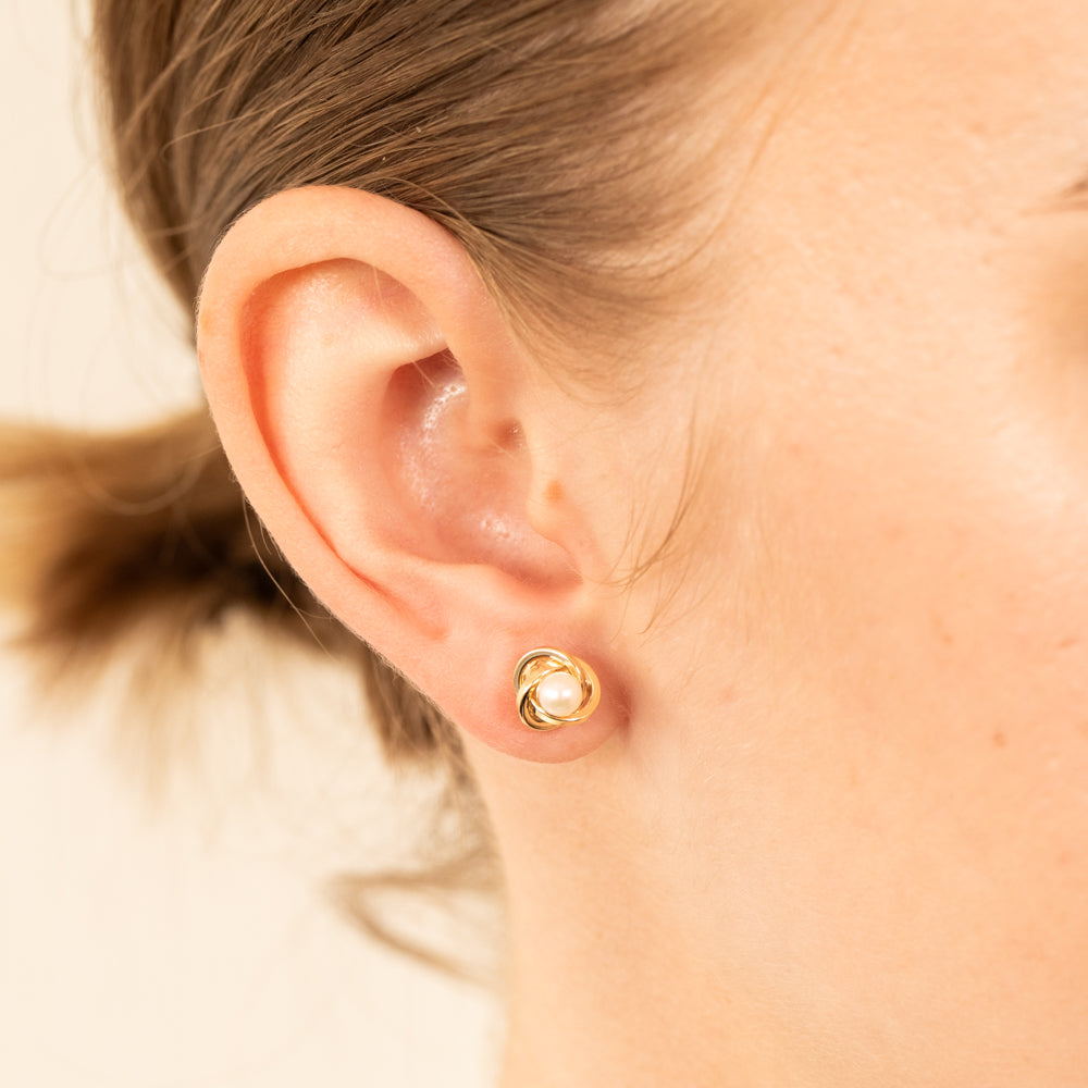 4mm Freshwater Pearl Knot Stud Earrings Crafted from 9-carat Yellow Gold - Ideal Jewelry Pieces
