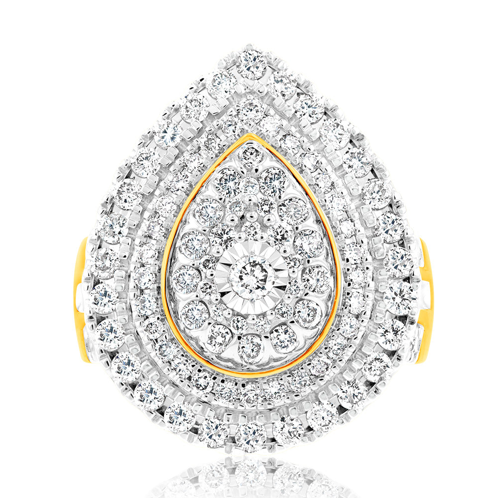 2-Carat 9ct Yellow Gold Diamond Ring Featuring Brilliant and Tapered Baguette Stones