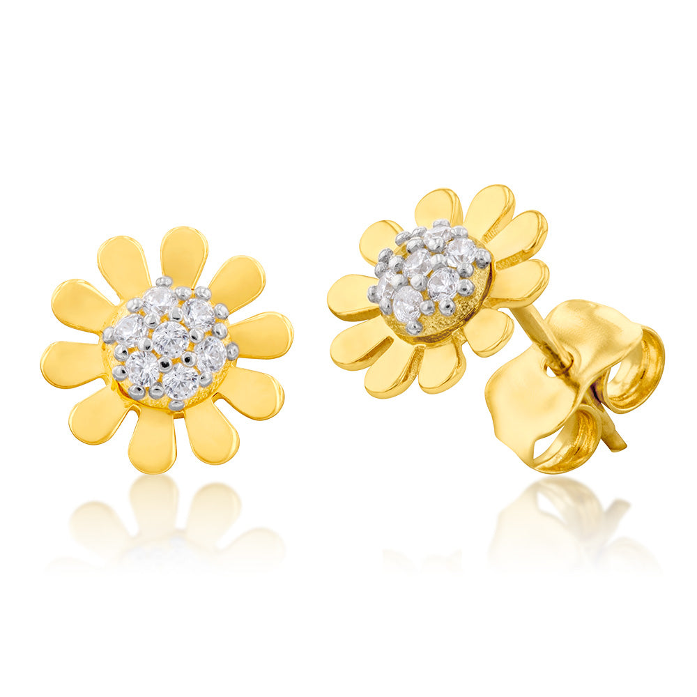 9 Carat Two Tone Yellow And White Gold Sunflower Design Cubic Zirconia Stud Earrings for Women