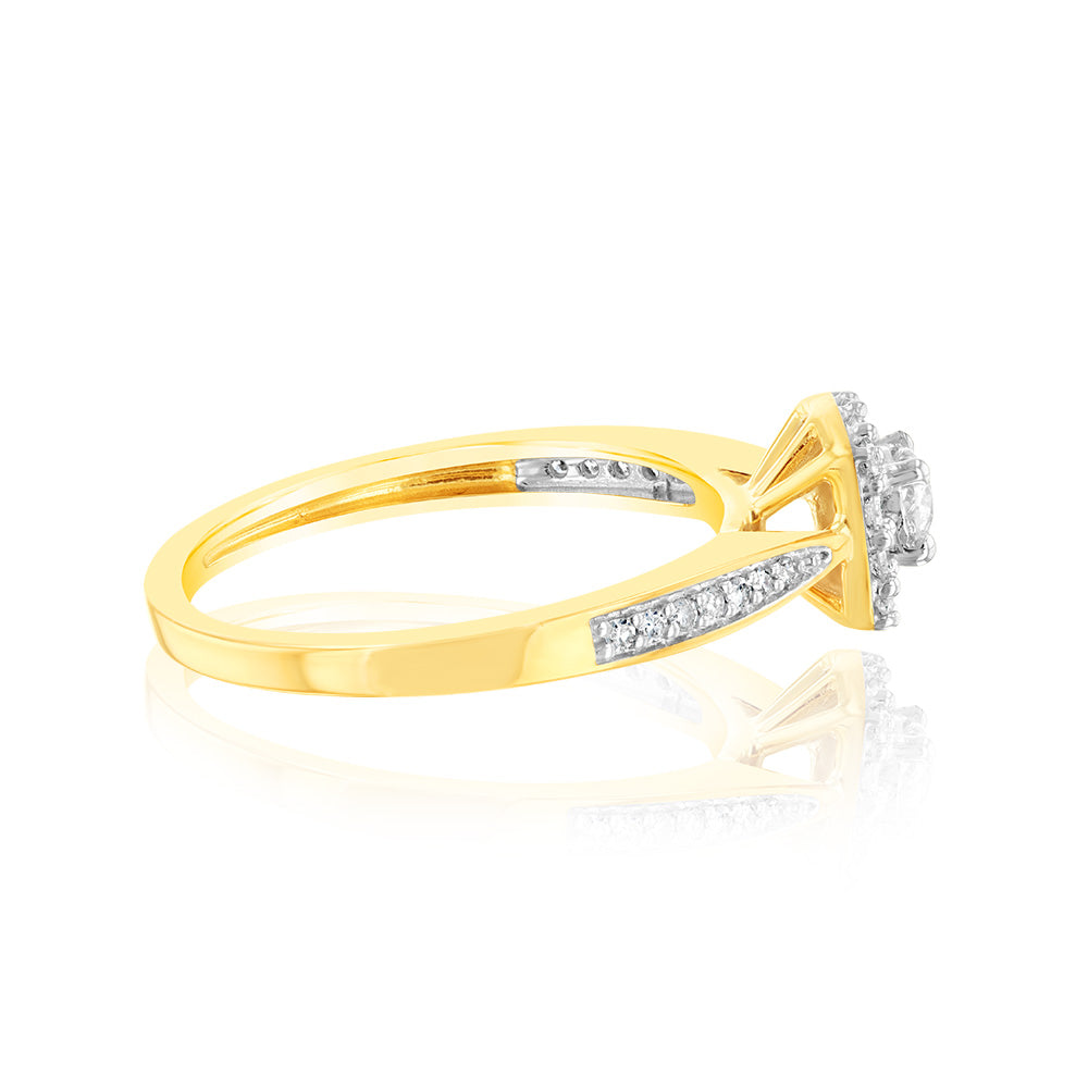 Stunning 9ct Yellow Gold 1/3 Carat Diamond Halo Ring with 12 Side Stones
