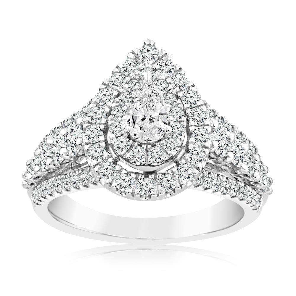 Stunning 1.40 Carat Diamond Cluster Pear-shaped Ring in 14ct White Gold