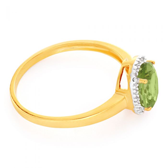 Stunning 9 Carat Yellow and White Gold Peridot and Diamond Halo Engagement Ring
