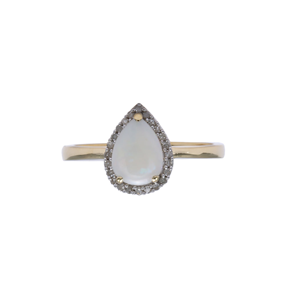9-carat Yellow Gold Pear-shaped Ring Featuring Natural White Solid Opal and Diamonds