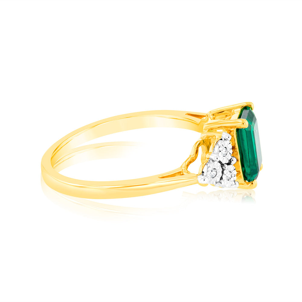 7mm 9ct Yellow Gold Ring with Lab - Created Emeralds and Diamonds