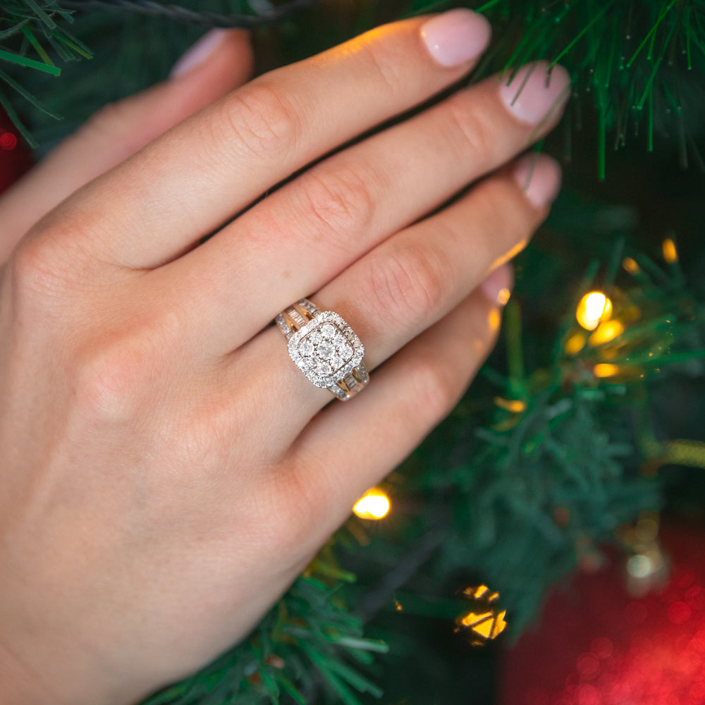 Stunning 9ct Yellow Gold 1 Carat Diamond Cushion Cluster Engagement Ring for Women