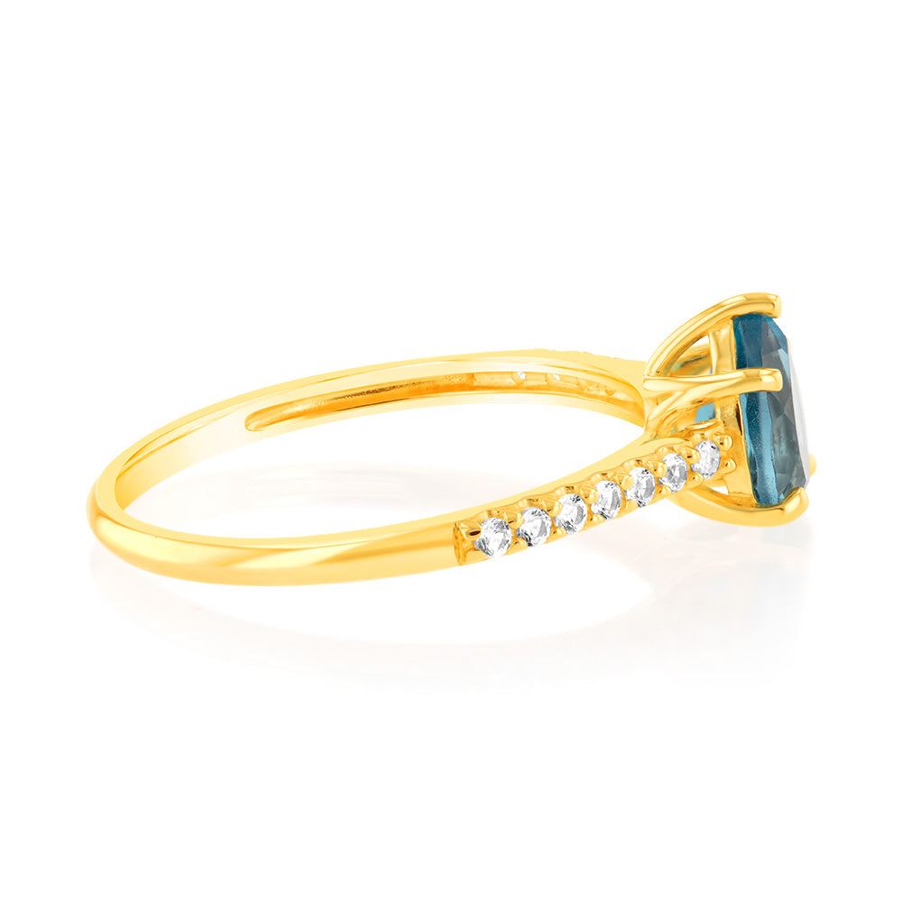 9ct Yellow Gold Ring with 1 London Blue Topaz, 12 Lab - Created Sapphires & 2 Single - Cut Diamonds
