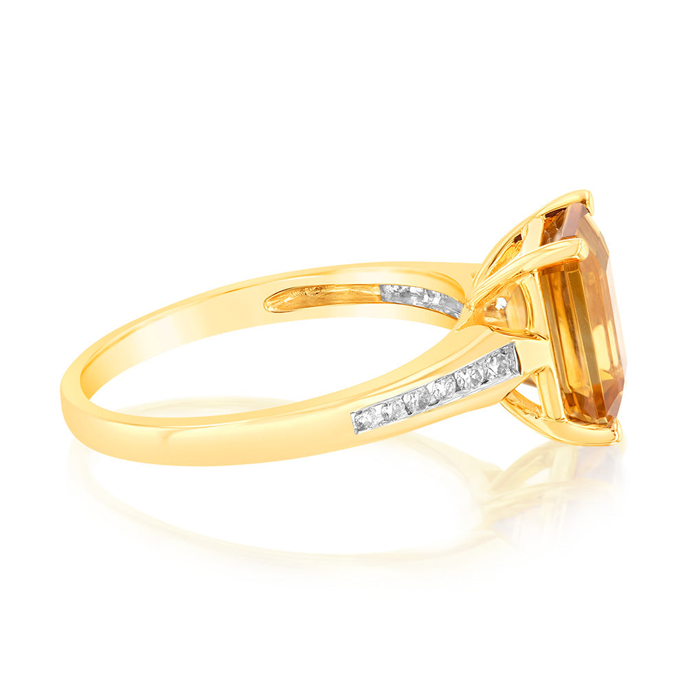 Stunning 9ct Yellow Gold Ring Featuring Emerald Cut Citrine and Channel Set Diamonds