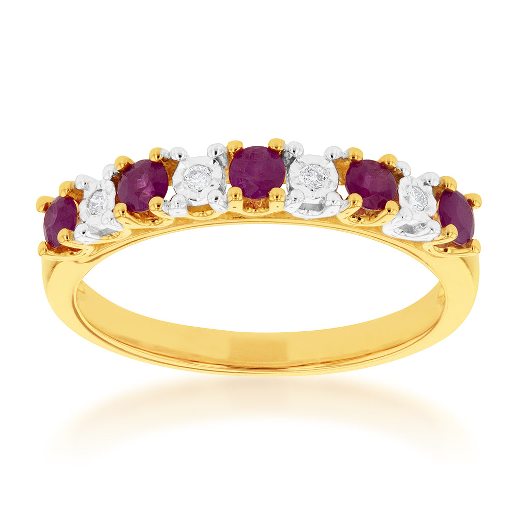 9-carat Yellow Gold Ring Adorned with Natural Rubies and Diamonds