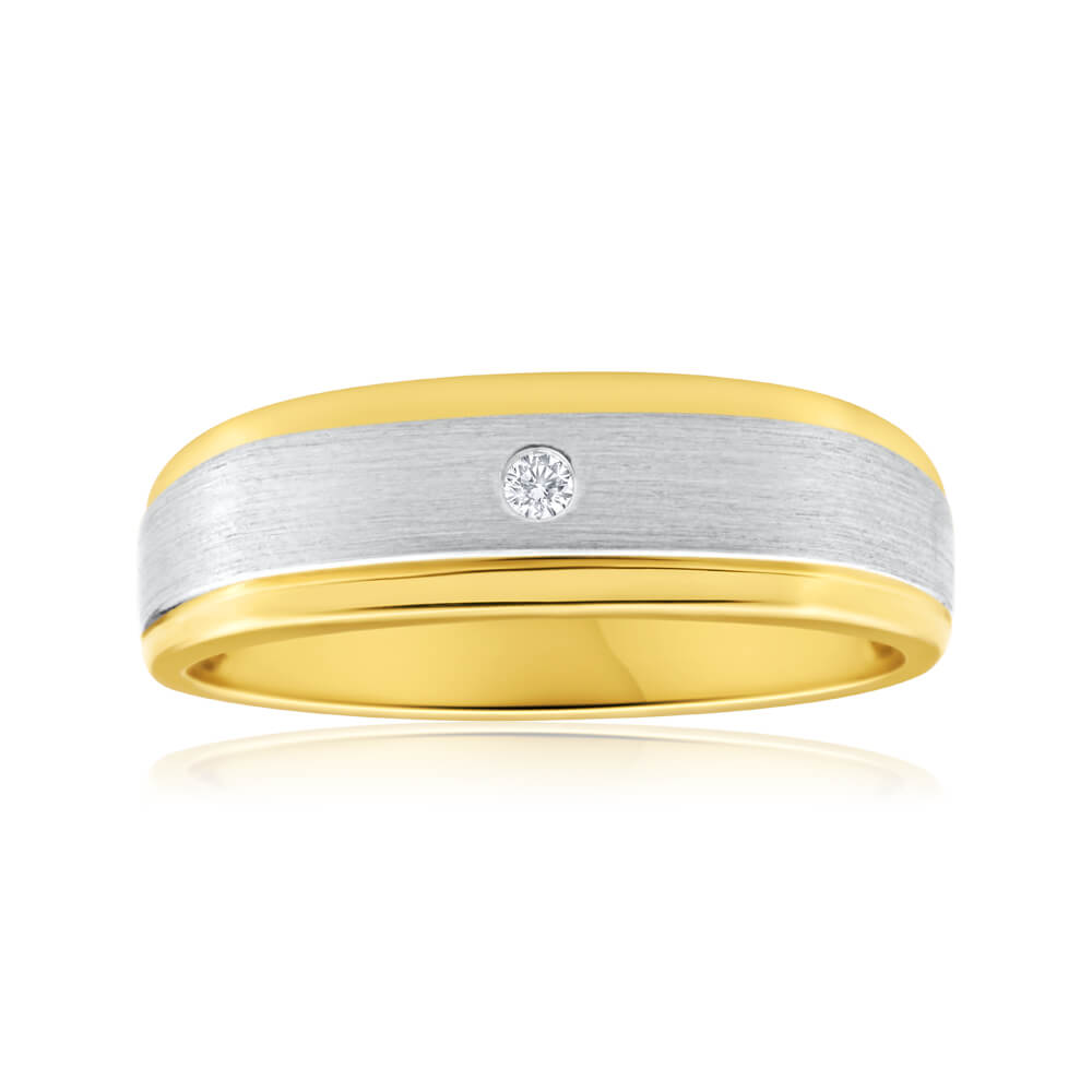 9ct Yellow Gold Mens Ring with White Gold Rhodium and 1 Sparkling Diamond