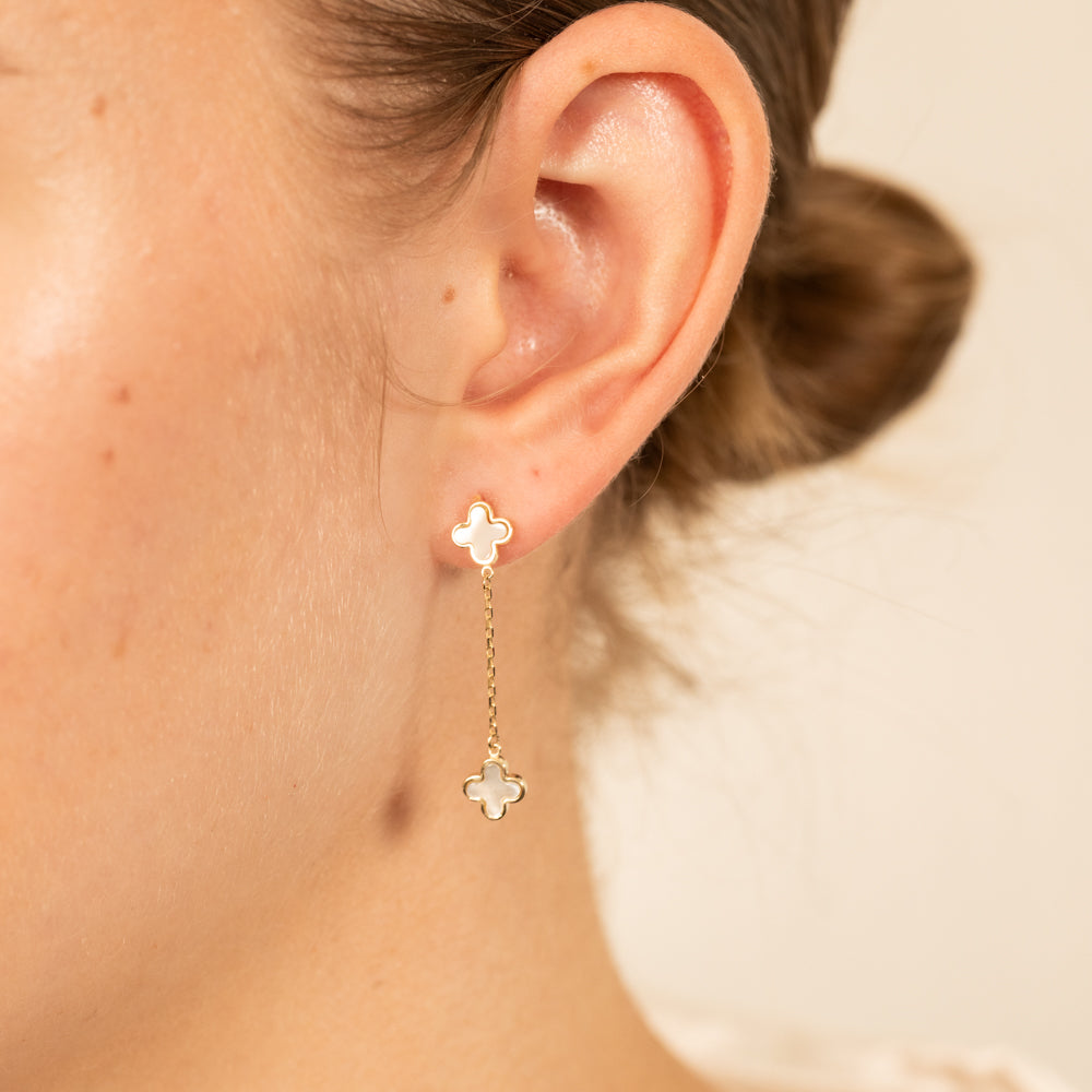 Stunning 9ct Yellow Gold Earrings with Mother-of-Pearl Adorned Clover Petals for a Drop Design
