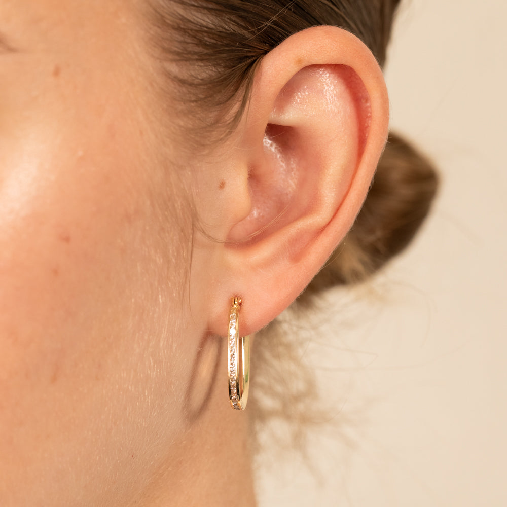 Exquisite 9ct Yellow Gold Double - Faced Zirconia - Adorned Elongated Hoop Earrings for Women's Jewelry Collection