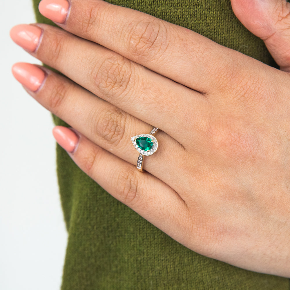 9ct Yellow Gold Pear Halo Ring with Lab-Created Emerald and 1/5 Carat Diamond