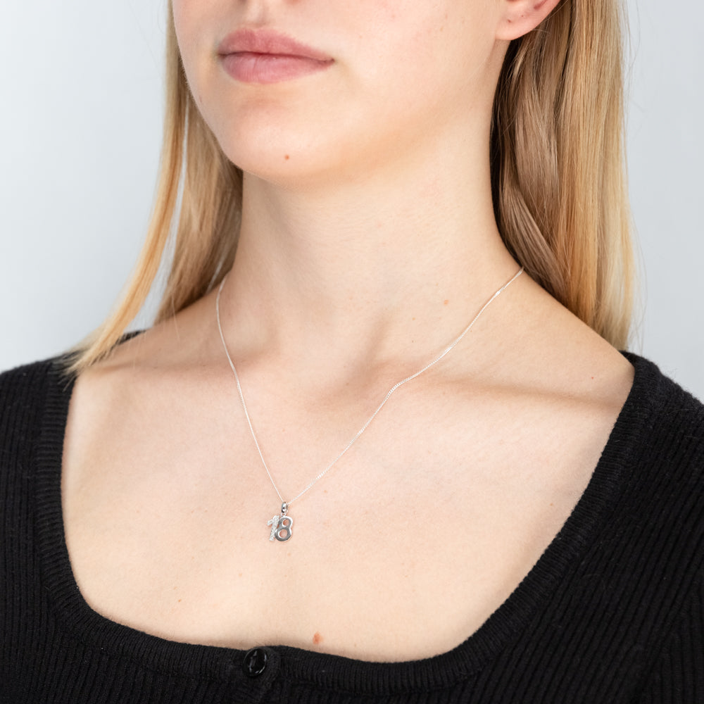 Exquisite 9ct White Gold Pendant Featuring '18' Design with 5 Diamonds